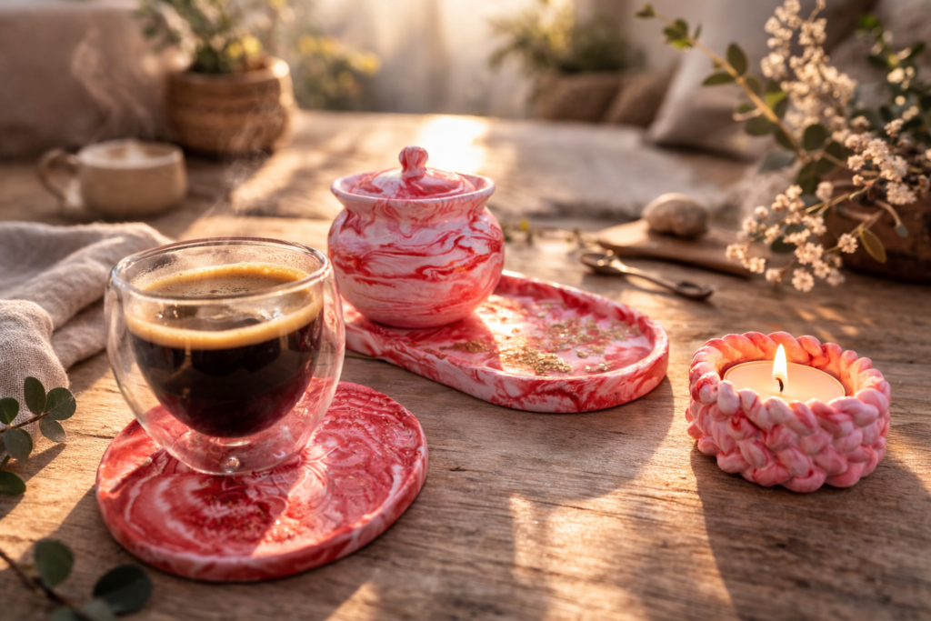 Accessoires de décoration faits main en résine minérale, motif marbré rouge, incluant porte-bougie chauffe-plat et plateau décoratif, pot à bougie artisanale.