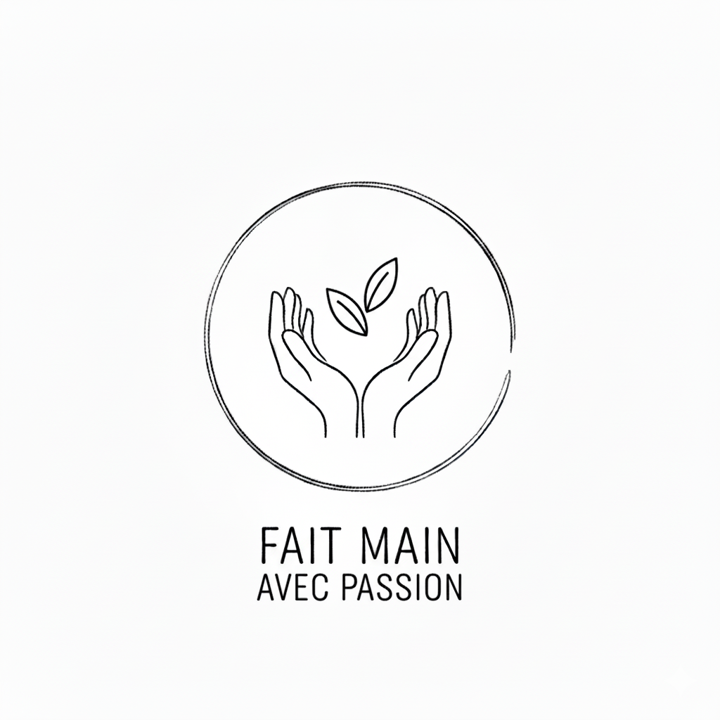 Petit logo rond représentant 2 mains jointes au milieu desquelles se trouve deux petites feuilles avec le texte Fait main avec passion dessous